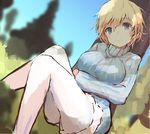  blonde_hair blue_eyes brave_witches breasts grass large_breasts long_sleeves magryo763 nikka_edvardine_katajainen pantyhose ribbed_sweater short_hair sitting solo sweater tree white_legwear world_witches_series 