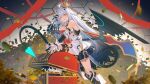  1boy 1girl absurdres armor back bare_shoulders black_hair black_skirt blush breasts coin crown detached_sleeves dragon_tail dress fate/grand_order fate_(series) forked_eyebrows fujimaru_ritsuka_(male) gauntlets gold_coin gold_trim greaves grey_hair highres light_(nightty45) long_hair looking_at_viewer melusine_(fate) one_eye_closed short_dress short_hair sidelocks silver_trim single_gauntlet skirt small_breasts smile tail treasure_chest white_dress wings yellow_eyes 