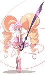  big_hair blonde_hair blue_eyes boots bow dress drill_hair earrings eyepatch full_body hair_bow harime_nui highres jewelry kill_la_kill life_fiber long_hair looking_back pink_bow pink_footwear pink_skirt scissor_blade skirt solo strapless strapless_dress twin_drills twintails weapon white_background wrist_cuffs yang-do 