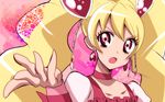  :o blonde_hair choker cure_peach earrings fresh_precure! go!_princess_precure hair_ornament haru_(nature_life) heart heart_earrings heart_hair_ornament jewelry long_hair magical_girl momozono_love o_kakugo_wa_yoroshikute? parody pink_background pink_choker pink_eyes precure solo twintails wrist_cuffs 