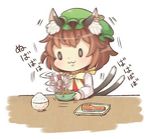  1girl :3 animal_ears bowl cat_ears cat_tail chen chopsticks food green_hat hat ibaraki_natou jewelry long_sleeves mob_cap motion_blur multiple_tails nattou nekomata rice_bowl single_earring solo stirring tail touhou two_tails 