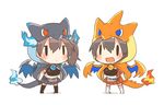  akagi_(kantai_collection) black_hair blue_eyes blue_fire blue_wings blush brown_hair charizard chibi costume crossover fang fire gen_1_pokemon kaga_(kantai_collection) kantai_collection long_hair mega_charizard_x mega_charizard_y mega_pokemon multiple_girls muneate open_mouth pokemon pokemon_(creature) rebecca_(keinelove) red_eyes short_hair side_ponytail smile solid_oval_eyes tail wings 