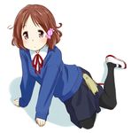  brown_eyes brown_hair candy_wrapper makino_kanna pantyhose retsumaru school_uniform shoes short_hair sitting solo sweater tamako_market uwabaki yokozuwari 