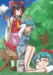  3girls :/ :d =_= apron aqua_hair ascot bare_shoulders barefoot beer_can black_eyes black_hair blue_eyes blurry blush blush_stickers bow breasts can cirno cocked_eyebrow comb cutting_hair depth_of_field detached_sleeves eyebrows hair_bow hair_tubes hakurei_reimu heterochromia juliet_sleeves loafers log long_sleeves mirakona_gonzaless multiple_girls open_mouth puffy_sleeves red_eyes scissors shoes short_hair sitting skirt sleeping small_breasts smile socks sweatdrop tatara_kogasa thick_eyebrows touhou tree tunic umbrella yin_yang 