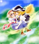  alice_margatroid apron ascot bad_id bad_pixiv_id blonde_hair blush braid broom broom_riding capelet carrying chi-chi couple hairband hat kirisame_marisa long_hair multiple_girls one_eye_closed open_mouth princess_carry short_hair side_braid smile touhou waist_apron witch_hat yellow_eyes yuri 