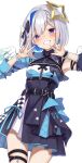  1girl absurdres amane_kanata angel_wings asymmetrical_bangs asymmetrical_hair black_shirt black_skirt black_sleeves blue_hair blue_overskirt blue_shirt blue_wings bob_cut buket_pudding_i center_frills collared_shirt colored_inner_hair cowboy_shot cropped_shirt detached_sleeves double_w feathered_wings frills gradient_wings grey_hair grin hair_over_one_eye halo highres hololive hololive_idol_uniform_(color_rise) idol idol_clothes leotard leotard_under_clothes looking_at_viewer mini_wings miniskirt multicolored_hair multicolored_shirt multicolored_wings official_alternate_costume pink_hair purple_eyes see-through_clothes see-through_leotard shirt short_hair simple_background single_detached_sleeve single_hair_intake single_sleeve skindentation skirt smile solo star_halo streaked_hair thigh_gap thigh_strap virtual_youtuber w white_background white_shirt white_skirt white_wings wings 
