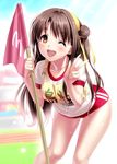  ;d bent_over blush brown_eyes brown_hair buruma gym_uniform hair_ribbon idolmaster idolmaster_cinderella_girls long_hair one_eye_closed one_side_up open_mouth ribbon shimamura_uzuki side_bun smile solo sweat v zen 