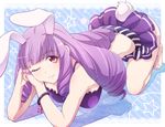  ;) all_fours animal_ears blue_background bracelet breasts bunny_ears bunny_tail chuchu_(show_by_rock!!) curly_hair e20 jewelry lips long_hair looking_at_viewer medium_breasts one_eye_closed purple_hair red_eyes show_by_rock!! smile solo star tail toenail_polish toenails 