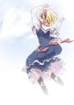  alice_margatroid blonde_hair blue_eyes capelet from_behind hairband jumping mayuge_inu sash solo touhou 