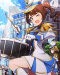  ;d band_uniform brown_eyes brown_hair drill_hair drum drumsticks epaulettes hat idolmaster idolmaster_million_live! instrument looking_at_viewer multiple_girls official_art one_eye_closed open_mouth purple_eyes shako_cap smile sparkle suou_momoko yokoyama_nao 