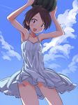  :d a9b_(louis814) alternate_costume arms_up bare_legs bare_shoulders blue_sky blush brown_eyes brown_hair cloud collarbone cowboy_shot day dress food fruit hair_ornament high_ponytail highres kantai_collection looking_at_viewer open_mouth shikinami_(kantai_collection) sky smile solo sundress watermelon 