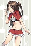  breasts brown_eyes brown_hair capelet cleavage crop_top h_kasei idolmaster idolmaster_cinderella_girls midriff navel one_eye_closed one_side_up pose scissors shimamura_uzuki skirt small_breasts solo striped striped_background tongue tongue_out twintails v 