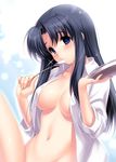  black_hair blush breasts cleavage empty_eyes glint kawana_misaki large_breasts leg_up long_hair looking_at_viewer naked_shirt navel one open_clothes open_shirt purple_eyes shirt sleeves_rolled_up solo sparkle spoon zen 