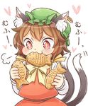  1girl :3 animal_ears brown_hair cat_ears cat_tail chen commentary_request fang food food_in_mouth green_hat hat heart heart_background ibaraki_natou jewelry long_sleeves mob_cap multiple_tails nekomata short_hair single_earring solo sparkling_eyes tail taiyaki touhou two_tails wagashi 