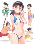  4boys arm_behind_back black_eyes black_hair blush bra collarbone dekisugi_hidetoshi doraemon gouda_takeshi honekawa_suneo innertube minamoto_shizuka multiple_boys navel nobi_nobita panties ponytail pop_kyun print_bra print_panties simple_background solo_focus swimsuit underwear underwear_only v white_background 