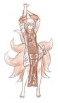  animal_ears arms_up barefoot fox_ears fox_tail full_body highres kuro_suto_sukii limited_palette monochrome multiple_tails no_hat no_headwear one_eye_closed sepia simple_background smile solo stretch tabard tail tied_dress touhou white_background yakumo_ran 