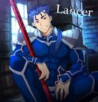  aora bad_id bad_pixiv_id blue_hair character_name fate/stay_night fate_(series) gae_bolg lancer long_hair male_focus polearm ponytail red_eyes solo spear weapon 