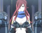  1girl armor bare_shoulders breasts cleavage erza_knightwalker erza_scarlet fairy_tail female hair_over_one_eye highres large_breasts long_hair red_hair scarf screencap serious solo stitched 
