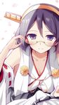  adjusting_eyewear armpits blush breasts detached_sleeves glasses hair_between_eyes kantai_collection kirishima_(kantai_collection) large_breasts nontraditional_miko semi-rimless_eyewear short_hair smile solo tranquillianusmajor under-rim_eyewear 