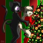  2018 anthro anthro_on_anthro balls black_balls black_nose black_penis brown_fur brown_markings candy candy_cane cat christmas christmas_ornament christmas_tree clothed clothed/nude clothed_female_nude_male clothing cub cum cum_drip cum_in_pussy cum_inside dripping feline female food fur green_bottomwear green_eyes grey_fur grey_hair grey_markings hair holidays krezz_karavan looking_down male male/female male_penetrating mammal markings no_underwear nude open_mouth penetration penis purple_background pussy red_footwear red_topwear simple_background skirt standing_sex tan_fur tree vaginal vaginal_penetration waist_grab young 