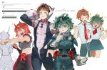  1boy 2girls :d ^_^ black_skirt blush blush_stickers bodysuit boku_no_hero_academia breasts brown_hair closed_eyes cowboy_shot cropped_legs cropped_shirt freckles genderswap genderswap_(ftm) genderswap_(mtf) gloves green_bodysuit green_hair grey_shirt highres kirishima_eijiro korean_text large_breasts looking_at_another mask mask_around_neck midoriya_izuku multiple_girls navel necktie nose_blush pleated_skirt red_eyes red_hair red_necktie school_uniform sharp_teeth shirt short_hair short_necktie simple_background skirt smile spiked_hair standing sycisycii teeth third-party_source translation_request u.a._school_uniform uraraka_ochaco white_background white_gloves white_shirt 