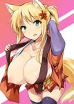  animal_ears black_legwear blonde_hair blush breasts dog_days fox_ears fox_tail green_eyes hair_ornament highres huge_breasts japanese_clothes leaf_hair_ornament looking_at_viewer md5_mismatch mikage_kirino nipples ponytail solo tail thighhighs yukikaze_panettone 