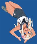  blonde_hair blue_eyes bracelet crop_top flower full_body hair_flower hair_ornament jewelry kantai_collection long_hair ojipon open_mouth protected_link ro-500_(kantai_collection) school_swimsuit school_uniform serafuku simple_background solo swimsuit swimsuit_under_clothes tan tanline upside-down 