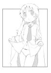  1girl blush bow bow_panties clothes_lift lab_coat long_hair looking_at_viewer monochrome navel necktie nichijou panties pantyshot professor_shinonome skirt skirt_lift solo thighs underwear whistle zubatto_(makoto) 