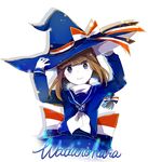  adjusting_clothes adjusting_hat bangs blunt_bangs blush bow braid brown_hair character_name grey_eyes hair_ribbon hat large_bow mary_(14476764) oounabara_to_wadanohara ribbon shadow sidelocks simple_background smile solo twin_braids upper_body wadanohara white_background witch_hat 