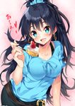  black_hair blue_eyes blush breasts cake earrings fang food fork fruit ganaha_hibiki idolmaster idolmaster_(classic) jewelry long_hair looking_at_viewer medium_breasts open_mouth ponytail smile solo strawberry translation_request yappen 