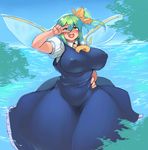  absurdres anchors blush bow breasts daiyousei dress fang green_hair hair_bow hand_on_hip heart heart_in_mouth highres huge_breasts looking_at_viewer open_mouth short_hair side_ponytail smile solo standing touhou v_over_eye water wings 