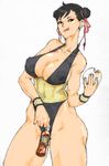  alternate_costume black_eyes black_hair bottle bracelet breasts capcom china_dress chinese_clothes chun-li cleavage double_bun dress earrings erect_nipples erect_nipples\r\n eyeshadow female jewelry kyura_(kyura9een) legs leotard licking_lips makeup short_hair solo street_fighter thick_thighs thighs tongue tongue_out 