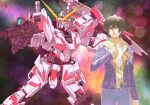  1boy aiming banagher_links beam_cannon beam_rifle blue_eyes brown_eyes brown_hair commentary_request energy_gun gundam gundam_unicorn jacket machinery male_focus mecha mecha_focus mobile_suit nebula psycho_frame puu_maru realistic robot science_fiction space star_(sky) unicorn_gundam v-fin weapon 
