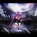  absurdres bad_id bad_pixiv_id blindfold breasts chain collar dagger elbow_gloves facial_mark fate/stay_night fate_(series) forehead_mark full_moon gloves highres large_breasts letterboxed long_hair lucky_(1045044604) moon nameless_dagger purple_hair rain rider sleeveless solo very_long_hair weapon 