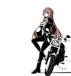  bangs biker_clothes bikesuit boots brown_eyes brown_hair cigarette cross-laced_clothes gradient_hair ground_vehicle headwear_removed helmet helmet_removed hijiri_byakuren leaning_against_motorcycle leather_suit long_hair long_sleeves looking_at_viewer motor_vehicle motorcycle multicolored_hair puffy_long_sleeves puffy_sleeves purple_hair rexlent shadow shirt simple_background sitting solo taut_clothes taut_shirt touhou turbo_byakuren turtleneck very_long_hair white_background 