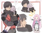  1boy 2girls aqua_eyes artist_name barefoot black_gloves black_hair black_jacket black_pants black_skirt blue_bow bow braid brown_footwear brown_jacket closed_eyes closed_mouth commander_(girls&#039;_frontline) commentary dress english_commentary english_text envy fingerless_gloves girls&#039;_frontline girls&#039;_frontline_2:_exilium gloves grey_gloves grey_hair hair_bow heart helena_(girls&#039;_frontline_2) highres hug jacket long_hair looking_at_another m200_(girls&#039;_frontline) multicolored_clothes multicolored_jacket multiple_girls multiple_views open_mouth pants partially_fingerless_gloves pink_hair pleated_skirt purple_eyes purple_socks red_jacket short_hair simple_background skirt smart_oval socks speech_bubble spoken_expression spoken_heart star_(symbol) sweatdrop twin_braids twitter_username two-tone_jacket white_background white_dress wing-shaped_hair 