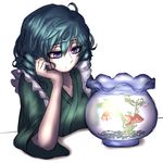  blue_hair drill_hair elbow_rest fish fishbowl goldfish gradient_eyes head_rest japanese_clothes kimono light_frown miata_(miata8674) multicolored multicolored_eyes purple_eyes short_hair simple_background solo table touhou upper_body wakasagihime white_background 