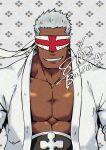  1boy abs absurdres balo_dqx_ff14 bara blindfold charon_(en'en_no_shouboutai) coat collarbone commentary_request dark-skinned_male dark_skin en'en_no_shouboutai facing_viewer grey_hair grin highres male_focus muscular muscular_male open_clothes open_coat pectoral_cleavage pectorals short_hair signature smile solo white_coat 