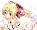  ahoge artoria_pendragon_(all) bad_id bad_pixiv_id bare_shoulders blonde_hair bow detached_sleeves fate/stay_night fate/unlimited_codes fate_(series) flower green_eyes hair_bow lily_(flower) minato_yoshihiro petals ponytail saber saber_lily solo 