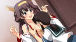  :d anime_coloring between_breasts black_hair blush breast_grab breasts brown_eyes brown_hair closed_eyes fubuki_(kantai_collection) grabbing head_between_breasts headgear kantai_collection kongou_(kantai_collection) large_breasts long_hair multiple_girls open_mouth ponytail sanshita school_uniform serafuku smile yuri 