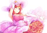  dararito dress earrings elbow_gloves flower frilled_dress frills gloves hand_behind_head hat hat_flower jewelry love_live! love_live!_school_idol_project nishikino_maki one_eye_closed outstretched_hand petticoat pink_dress pink_gloves purple_eyes red_hair ring simple_background smile solo white_background 
