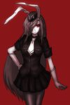  alternate_costume animal_ears black_legwear bunny_ears crescent frown garrison_cap gloves hair_over_one_eye hand_on_hip hat long_hair looking_at_viewer miata_(miata8674) military military_uniform necktie pale_skin pantyhose pleated_skirt purple_hair red_background red_eyes reisen_udongein_inaba simple_background skirt sleeves_folded_up solo touhou uniform very_long_hair white_neckwear 