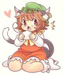  1girl animal_ears brown_hair cat_ears cat_tail chen commentary drooling fang green_hat hat heart ibaraki_natou jewelry long_sleeves mob_cap multiple_tails nekomata open_mouth plump short_hair simple_background single_earring solo tail touhou two_tails white_background white_legwear 