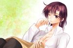  bazett_fraga_mcremitz breasts cleavage earrings fate/hollow_ataraxia fate_(series) jewelry large_breasts long_hair messy_hair mole mole_under_eye no_bra one_eye_closed purple_eyes purple_hair s'y shirt short_hair solo unbuttoned 