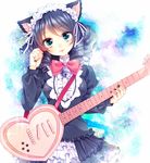  animal_ears bell blue_hair bow bowtie cat_ears curly_hair cyan_(show_by_rock!!) green_eyes guitar headdress heart heart_guitar instrument looking_at_viewer nail_polish plectrum short_hair show_by_rock!! skirt solo strawberry_heart tareme wakatsuki_you 