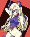  arm_behind_head blonde_hair bodysuit boku_no_hero_academia covered_navel domino_mask drill_hair jibo long_hair mask mount_lady red_eyes smile solo 
