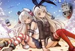  amatsukaze_(kantai_collection) amatsukaze_(kantai_collection)_(cosplay) anchor_hair_ornament back-to-back bare_shoulders blonde_hair blue_skirt bow brown_eyes cosplay costume_switch crop_top dress elbow_gloves gloves grey_eyes hair_bow hair_ornament hair_tubes hairband headgear kantai_collection long_hair looking_at_viewer midriff multiple_girls neckerchief open_mouth pleated_skirt red_legwear rensouhou-chan rensouhou-kun sailor_collar sailor_dress shimakaze_(kantai_collection) shimakaze_(kantai_collection)_(cosplay) silver_hair single_glove skirt smile striped striped_legwear thighhighs two_side_up white_gloves yano_mitsuki 