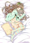  2015 bad_id bad_pixiv_id bed_sheet bow brown_hair character_name d_midiror dated frilled_pillow frills grey_hair hair_bow long_hair looking_at_viewer loungewear love_live! love_live!_school_idol_project minami_kotori minami_kotori_(bird) one_eye_closed one_side_up pillow pocket pom_pom_(clothes) signature smile solo striped striped_legwear thighhighs yellow_eyes 