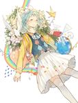  argyle bag bird blue_hair blush bouquet candy cardigan closed_eyes flower food globe hair_ribbon neck_ribbon notebook original pennant pleated_skirt rainbow ribbon ruler seuga skirt smile solo string_of_flags thighhighs white_legwear white_ribbon 