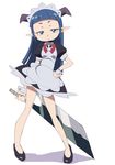 blue_eyes blue_hair earrings hand_on_hip highres horns jewelry long_hair looking_at_viewer maid maid_headdress manji_(tenketsu) pointy_ears shakki simple_background sketch solo standing sword tanken_driland weapon white_background 